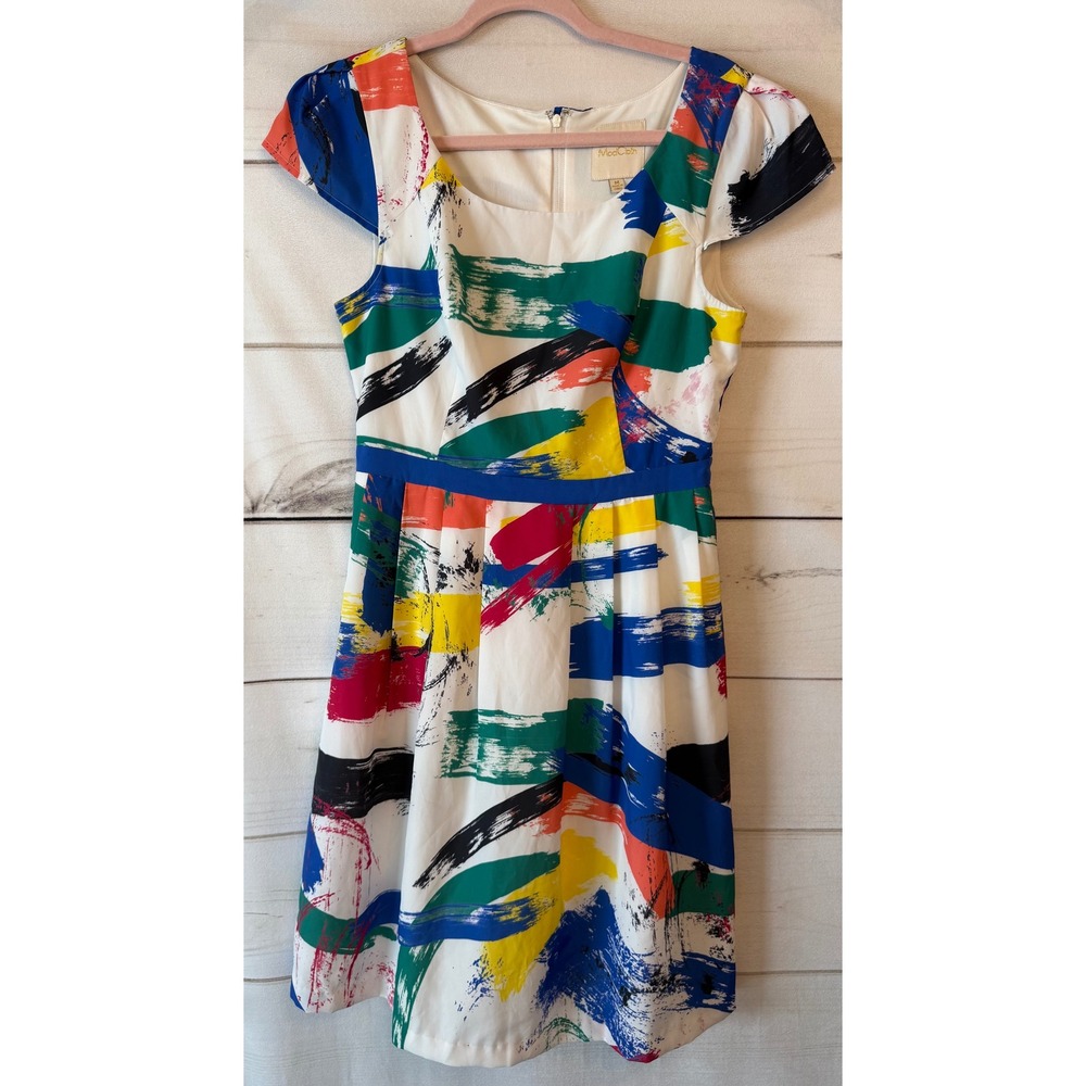 ModCloth Womens Abstract Paintbrush Print Cap Sleeve Fit & Flare Dress Multi M